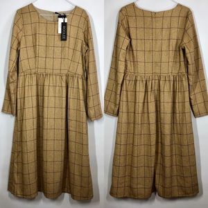 Rollee Midi Dress Large Mustard Plaid Long Sleeve